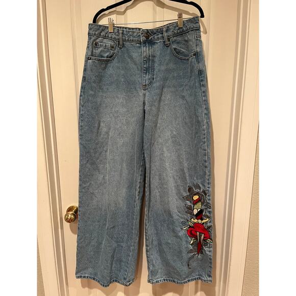 Ed Hardy Baggy Loose Fit Retro Light Jeans Dagger Hearts Embroidered Spellout 32 - Picture 3 of 13